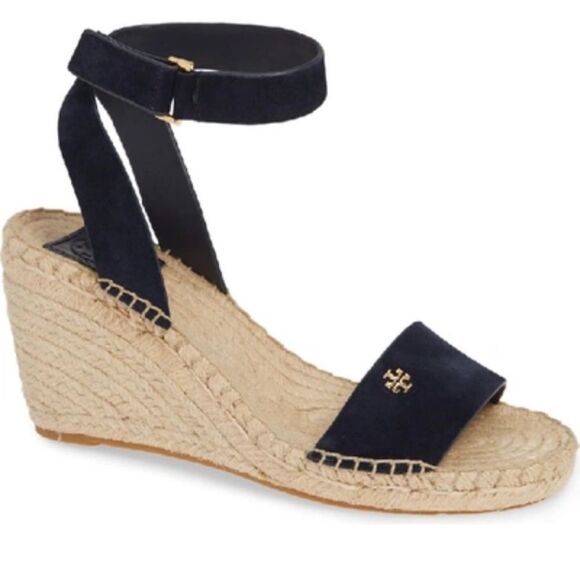 Tory Burch 10 Bima ABYSS Navy 90mm Wedge Espardille Sport Suede  Wedge Sandals - Picture 1 of 14